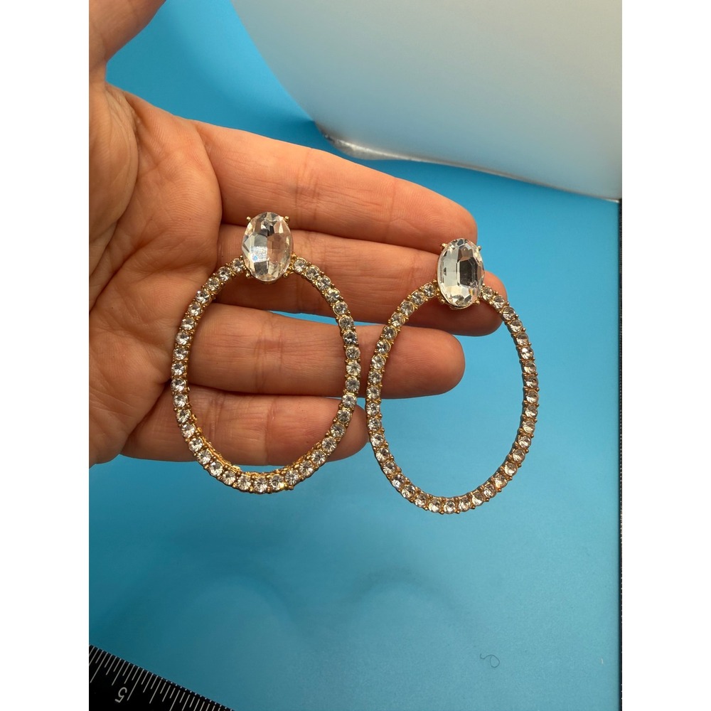 Gold Tone Rhinestone Oval Hoop Statement Earrings Clear Crystal Drop Dangle
